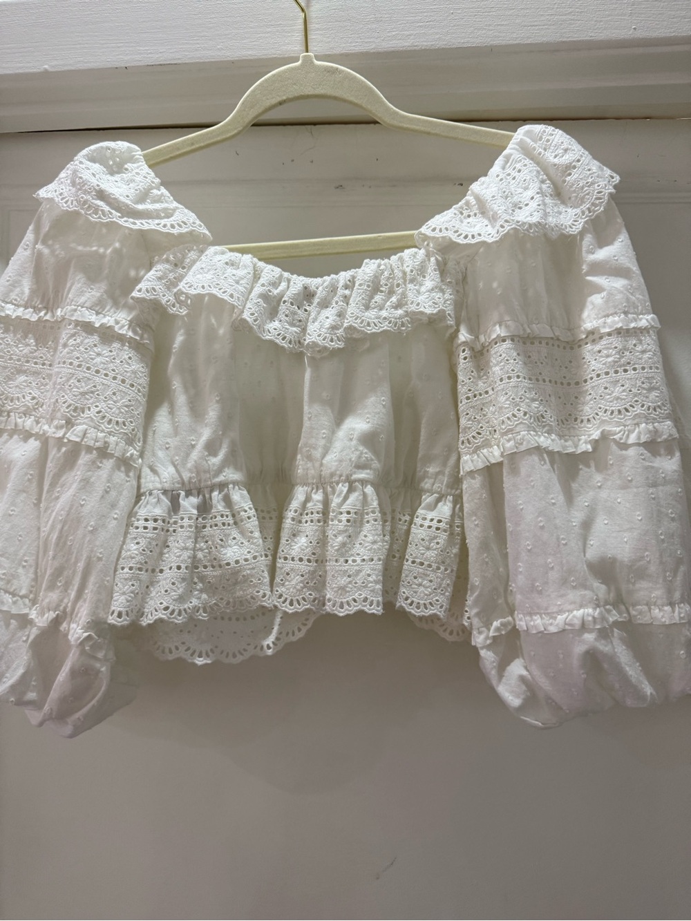 FARM Rio White Eyelet Off-Shoulder Ruffle Crop Top - Picture 8 of 8